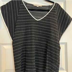 LOFT V-Neck Black and White Striped Blouse